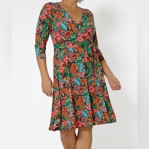 Leota Perfect Wrap 3/4 Sleeve Dress Tropical Floral Womens Size 1X Vacation